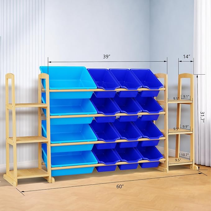 Kids Toy Storage Organizer with Bookshelf – Wooden Shelf with 16 Bins & 6 Shelves, Quick Assembly Storage Rack for Playroom, Bedroom, Nursery - Blue - Image 2
