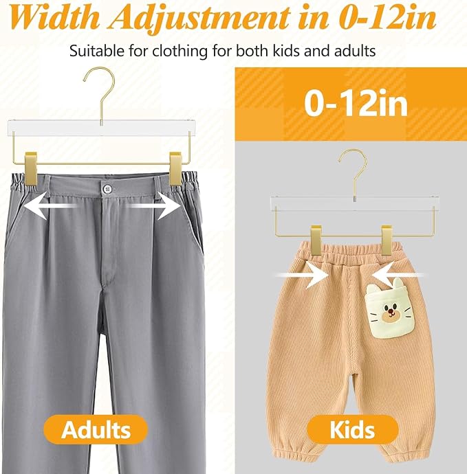 10 Pack Clear Gold Acrylic Pants Hangers with Adjustable Clips | Non-Slip & Heavy Duty Hangers for Pants, Skirts, Jeans, Trousers, Scarves, Adults & Kids, Clothing Closet Storage Organizer - Image 5