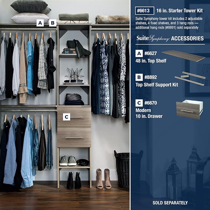 ClosetMaid SuiteSymphony Wood Closet System Starter Kit with Tower and 3 Hang Rods, Adjustable and Customizable, For Walk-In and Reach-In Closets, Fits Spaces 4 – 9 ft. Wide, Graphite Grey - Image 6