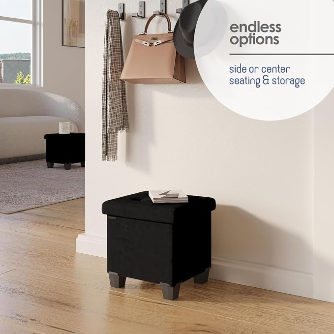 Storage Ottoman Cube with Small Bin, 15-in Square Ottoman with Storage for Living Room and Bedroom, Small Ottomans Foot Rest, Velvet Foot Stools Ottomans Max 330lbs, Black - Image 7