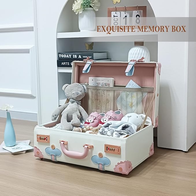 Unitravel Baby Keepsake Case, Handmade Memory Storage Box, Newborn Keepsake Box, Vintage Suitcase for Baby Shower, Baptism, Naming Ceremony or Birthday (cream white, 18") - Image 3