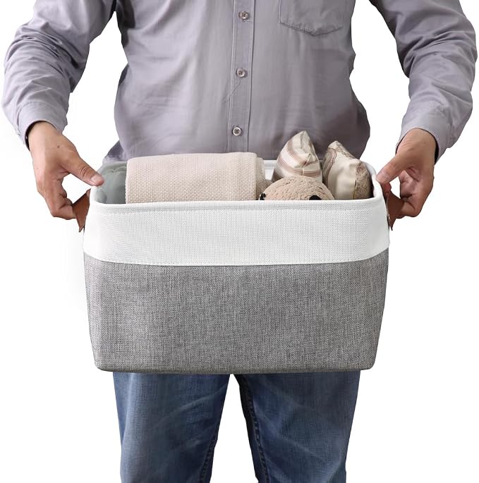 DECOMOMO Storage Bins, Large Fabric Storage Baskets for Shelves 4 Pack | 15 x 11 x 9.5 inches Decorative Linen Closet Organizers (Grey & White) - Image 6