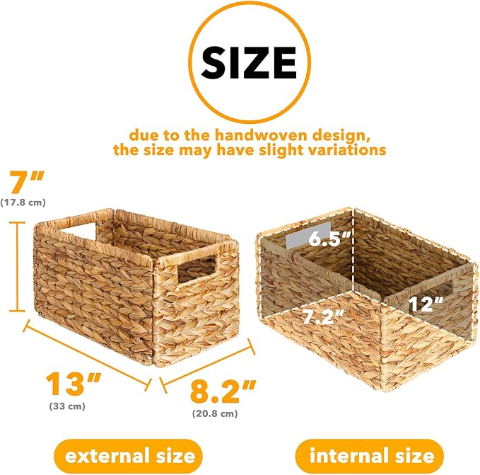 SpaceAid 4 Pack Wicker Basket, Storage Baskets for Organizing, Woven Rattan Basket with Handles for Shelves, Water Hyacinth Large Cube Organizer Storage Bin, 13x8.2x7 inch, Natural - Image 3