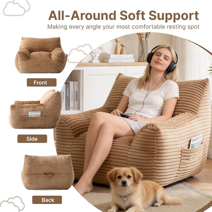 Bean Bag Chair for Adults & Kids, Giant Bean Bag Sofa with Side Pocket, Corduroy Beanbag Chair with Armrests, Comfy Stuffed Floor Sofa for Living Room Bedroom Dorm, Brown - Image 7