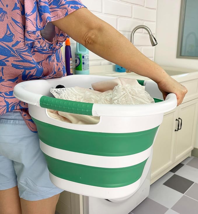 SAMMART 40L (10.5 gallon) Set of 2 Collapsible Plastic Laundry Hamper - Foldable Pop Up Storage Container/Organizer - Portable Washing Tub - Space Saving Basket (2, White/Winter Green) - Image 8