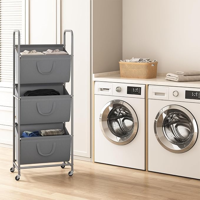 ELYKEN 3-Tier Vertical Rolling Laundry Hamper with Wheels & Removable Bags | 120L Capacity, Space-Saving Design, Locking Casters, 3 Section Laundry Sorter for Apartments, Small Spaces, Closet, Dorm - Image 8