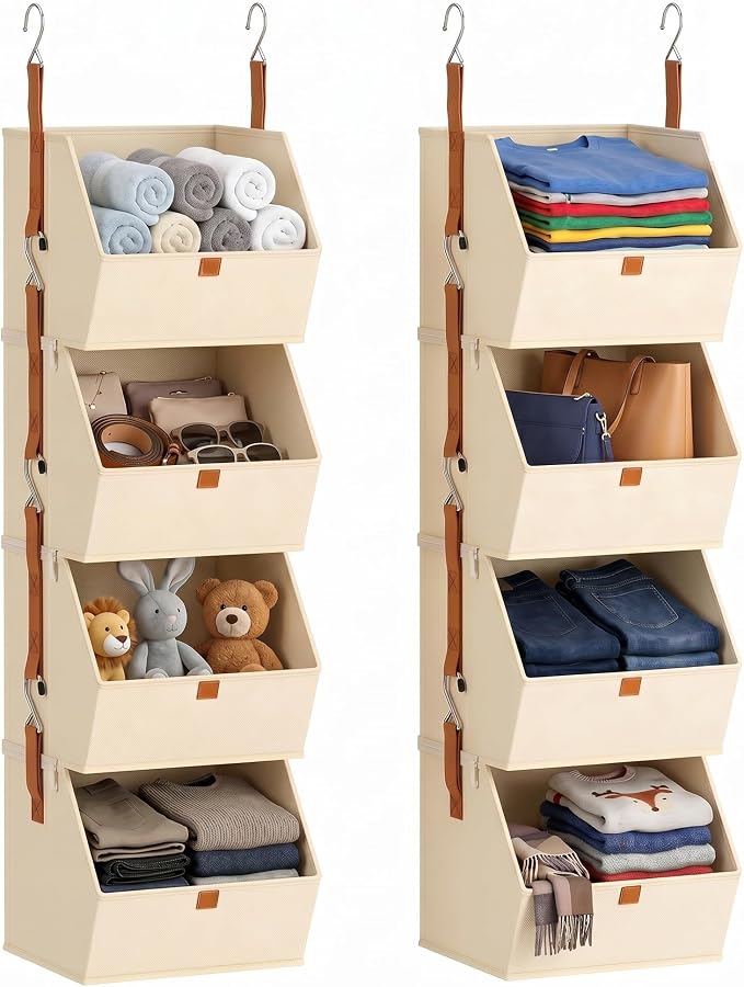 8-Tier Beige Detachable Hanging Closet Organizer 2 Pack Fabric Shelves | Heavy-duty reinforced rods prevent sagging, even with bulky items by Unknown
