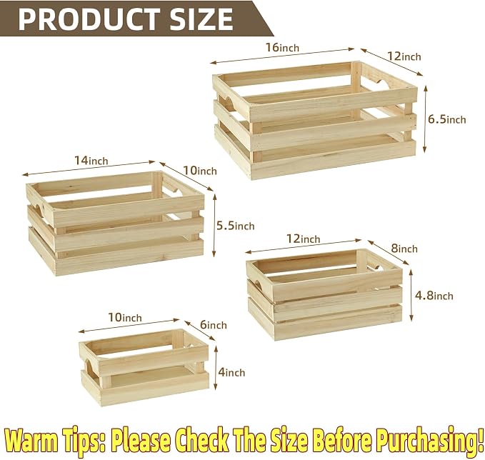 Large Wooden Crates Unfinished Set of 4 Storage Crates, Decorative Wood Storage Crate for Display Rustic, Nesting Wooden Container Boxes Made from 100% Wood - Image 2