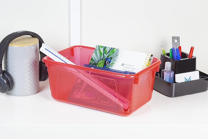 Storex Small Cubby Bins – Plastic Storage Containers for Classroom with Non-Snap Lid, 12.2 x 7.8 x 5.1 inches, Tint Red, 5-Pack (62481A05C) - Image 3