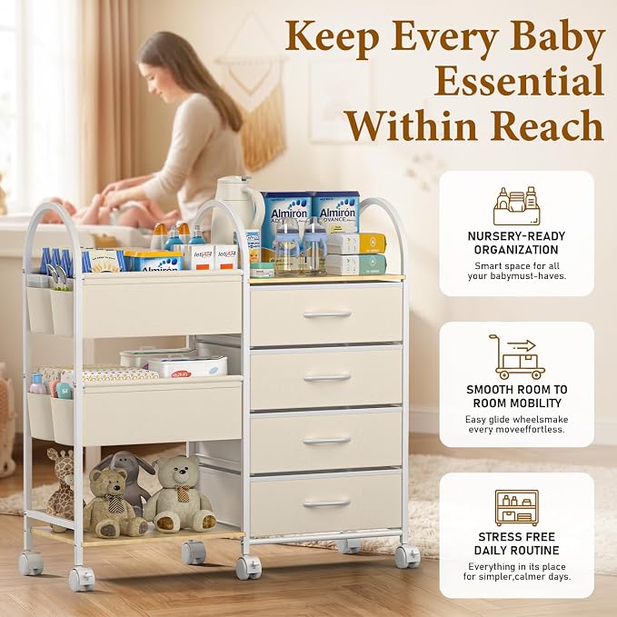 Baby Organizer and Storage Cart, 4-Tier Rolling Utility Cart with Wheels, Dividers and Drawers, Easy to Assemble for Nursery, Bedroom & Changing Table, White - Image 3