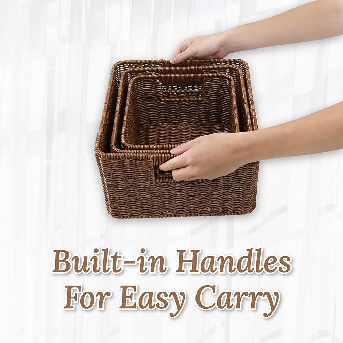 WeeNest Baskets with Handles, Wicker Storage, Shelf Boxes for Organizing, Decorative Resin, Set of 3, Toffee - Image 6