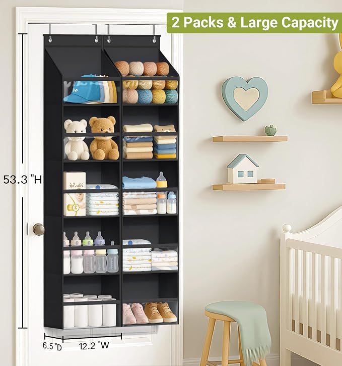 AOODA 2 Pack Over the Door Organizer, Large Capacity Closet Door Hanging Organizer, Clear Deep Pockets Baby Storage for Nursery, Bathroom, Bedroom, Pantry, Diapers (Black) - Image 2