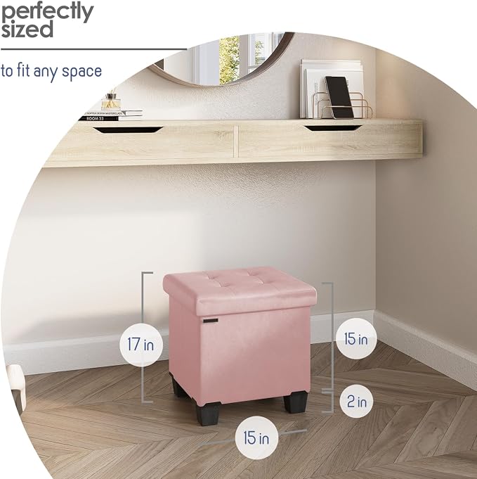 Storage Ottoman Cube with Small Bin, 15-in Square Ottoman with Storage for Living Room and Bedroom, Small Ottomans Foot Rest, Leather Foot Stools Ottomans Max 330lbs, Pink - Image 8