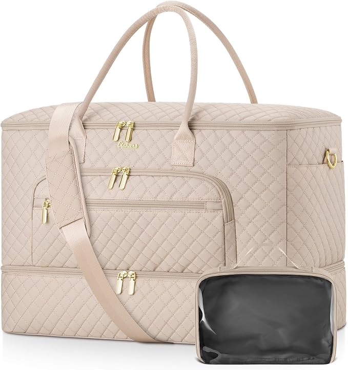 Travel Duffle Bag, Wide Open Large Weekender Bag for Women with Shoe Compartment, Carry on Overnight Bags with Toiletry Bag, Hospital Bag for Women Labor Delivery (Antiquewhite) by Unknown