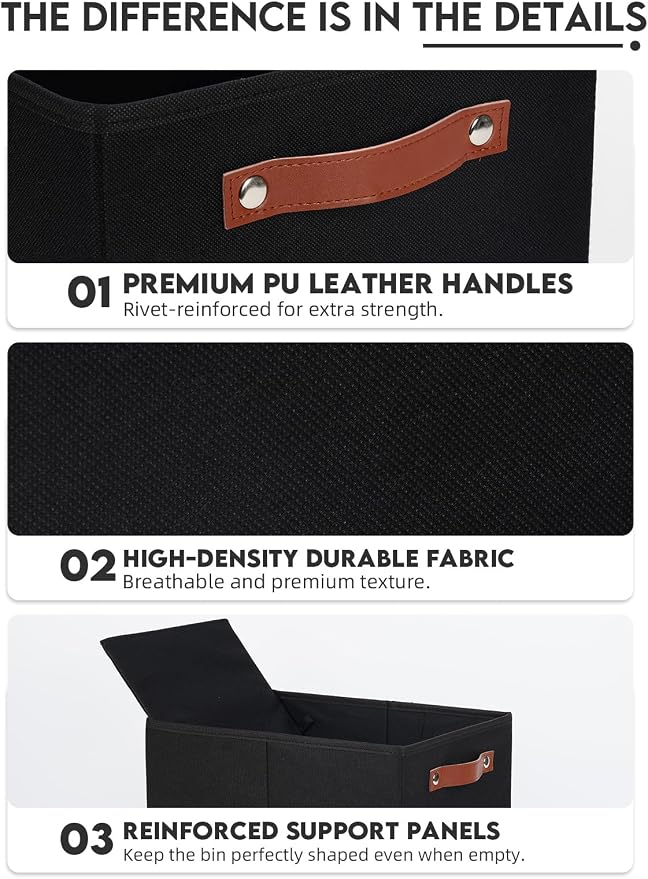 Fabric Storage Bins (15x11x9.5”) – Reinforced 2.5mm Cardboard Shelf Bins with PU Leather Handles – [6-Pack] Durable Storage Baskets for Closet Organization, Toy Organizer, & Home Office – Black - Image 3