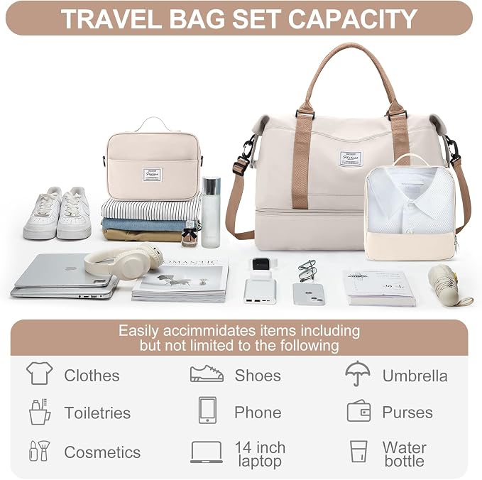 Weekender Bags for Women, Carry-On Overnight Travel Duffel Bag | Travel Bag with Shoes Compartment & Toiletry Bag, Extra Large, 3 Pcs Set - Image 2