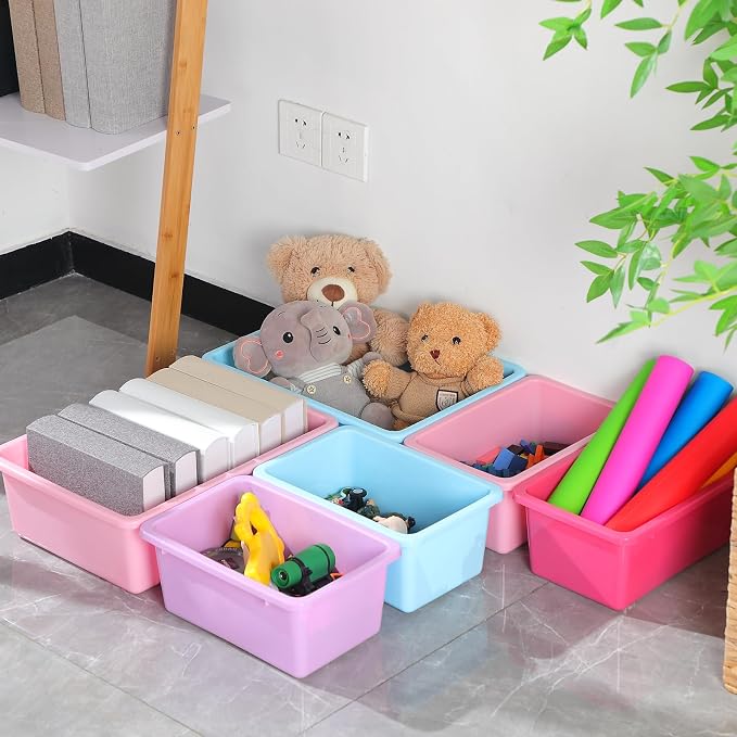 Zonon 12 Pcs Plastic Cubby Bins Office Storage Container Storage Bins Plastic Organization with 1 Pack Self Adhesive Label for Library Office Home Nursery(Mermaid Color) - Image 3