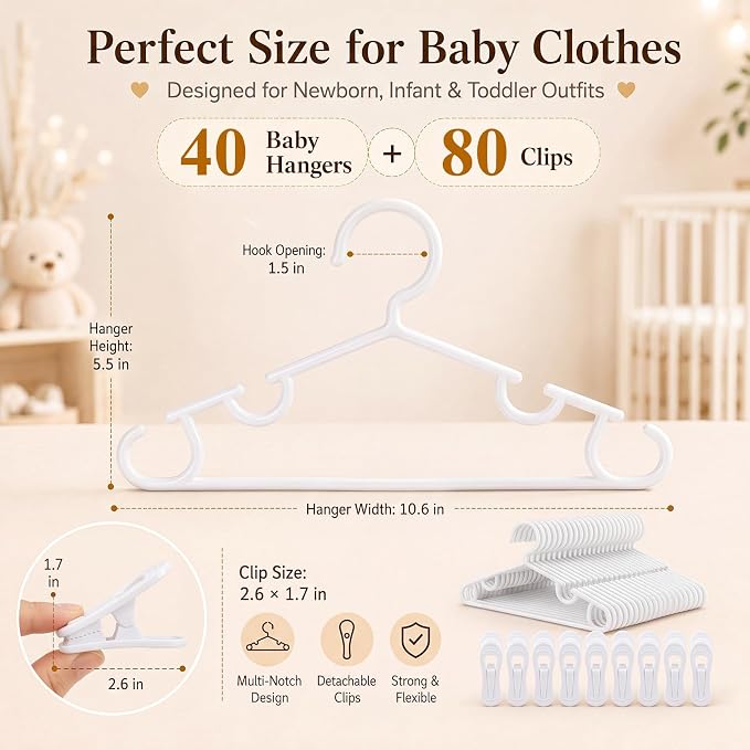 Hsei Baby Hanger with Clip for Pant,120 Packs Total,White,10.6 Inch | 40 Kids Plastic Hanger with 80 Clips for Newborn, Nursery, Daycare, Preschool, Closet, Wardrobe Organizer for Baby Shower - Image 2
