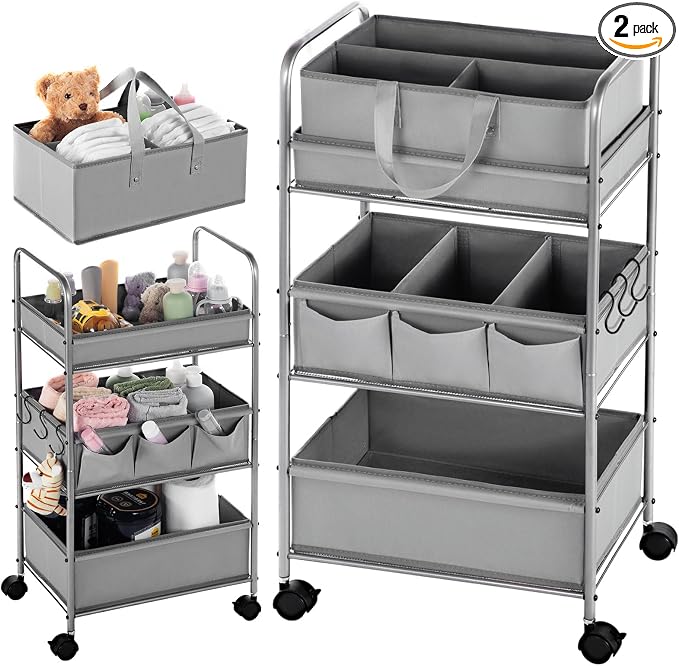 Honeydak 2in1 Baby Diaper Caddy Organizer Cart 3 Tier Large Capacity Metal Utility Bedside Rolling Cart with Divider Newborn Registry Nursery Essential Must Have Crib Bedroom Baby Shower(Gray) by Honeydak