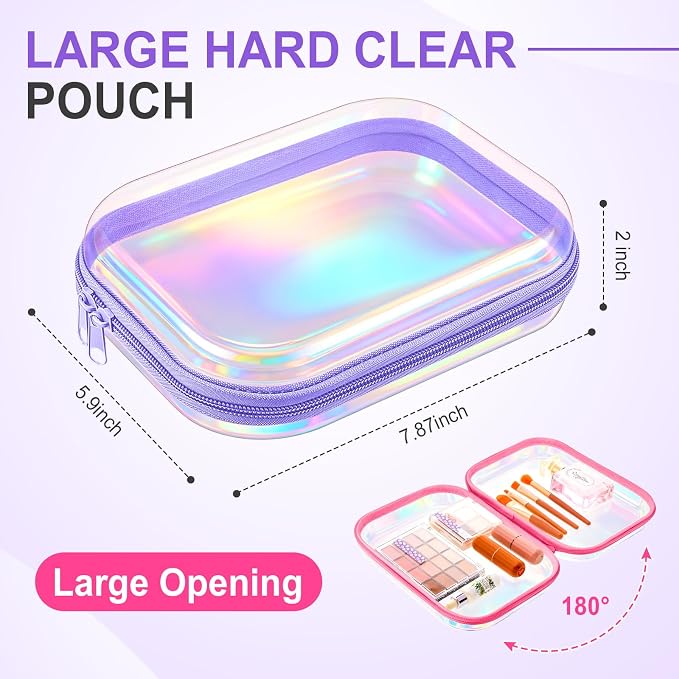 Sanwuta 6 Clear Hard Zipper Case,Holographic,7.87 X 5.9 X 2 Inch | Pencil Case Pouches ,Makeup Bag,Plastic Toiletry Diaper Bag ,Travel Toy Storage,Waterproof Organizer Bins - Image 2