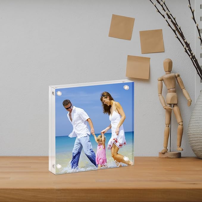AMEITECH 4x4 Inch Acrylic Picture Frame, Clear Double Sided Block Acrylic Photo Frames, Desktop Frameless Magnetic Photo Frames | Double Sided Floating Magnetic Frames, 20mm Thick, Free Standing Desktop Display for Postcards, Pictures and Artworks - Image 6