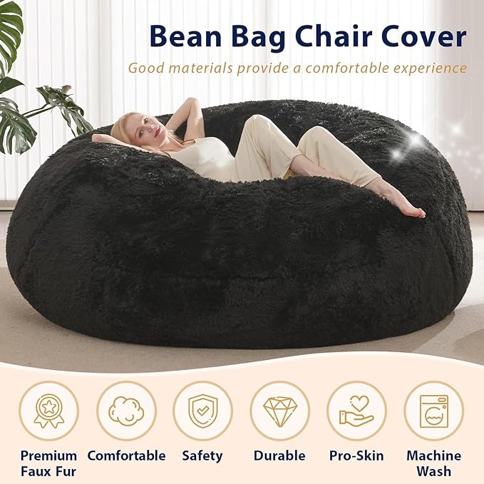 Bean Bag Cover (No Filler), Faux Fur Beanbag Chairs Covers Only, Stuffed Animal Storage Bean Bag, Giant Washable Beanbag Cover Without Filling, 6FT, Black - Image 4