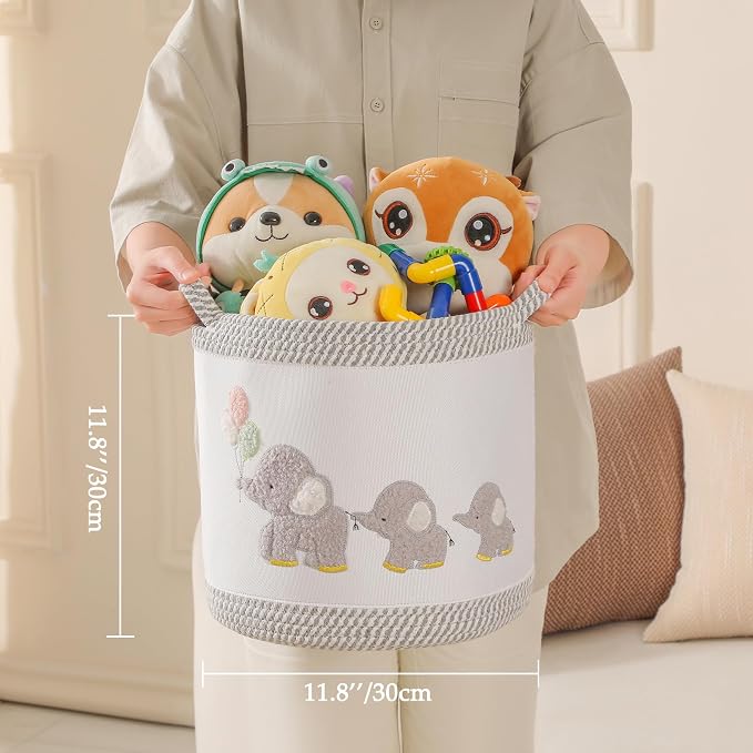 Baby Toy Basket Laundry Hamper Blanket Baskets Cute Elephant Nursery Storage Basket, Woven Cotton Rope Nursery Organization Bins For Girls Boys Kids Baby Shower Gifts Baskets - Image 5