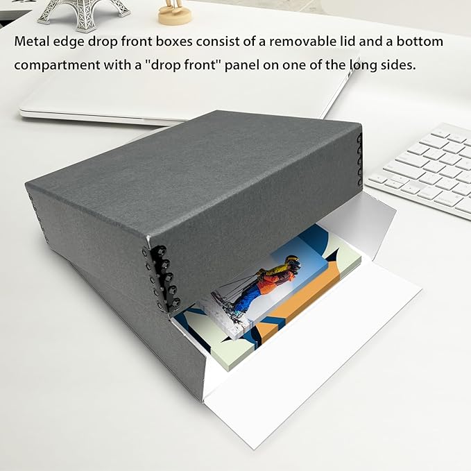Lineco Drop Front Archival Storage Box, 9.25x11.75x3 in, Gray, 2 Pack | Acid-Free with Metal Edge, Preserves Picture Longevity, Organize Photos, Newspapers, Prints, Documents, Crafts, DIY - Image 5
