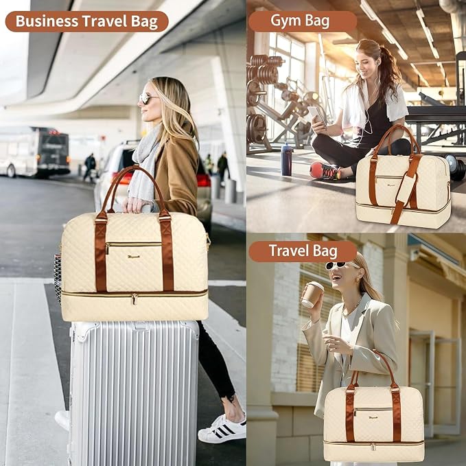 3PCS Weekender Bags for Women Large Overnight Bag, Beige | Weekender Travel Duffel Bags Carry on Shoulder with Shoe Compartment Toiletry Bag Satchel Bag for Travelling Business Gym - Image 6