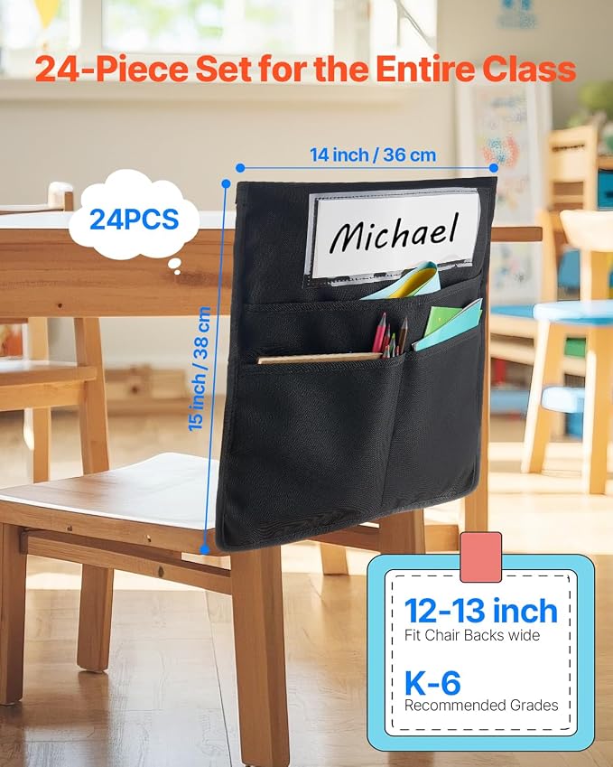 VEVOR Chair Pockets for Classroom, 24 Pack, 14 x 15 Inches Chairback Buddy Pocket with Name Tag, Back of Chair Organizer for Kids in Classroom, Kindergarten, School, and Home, Black - Image 2
