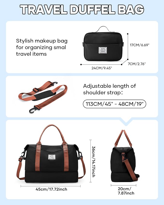 Travel Duffel Weekender Bag Women Tote Carry On Bags With Shoe Compartment | 18x14x8 inches Travel Overnight Bags with Trolley Sleeve for Airplanes Waterproof Sport Tote Gym with Toiletry Bag BlackBrown - Image 3