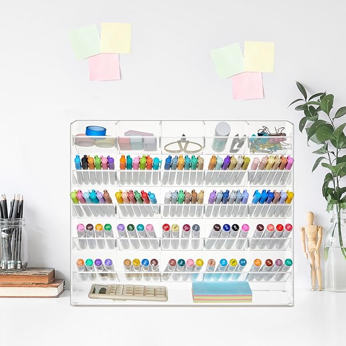 MotiMind Acrylic Pen and Marker Organizer for 300 Markers | 21 Compartments, Vertical Marker Pencil Organizer, Acrylic Pen Display Holder, Art Supply Storage for Desk Stationery, Clear - Image 7