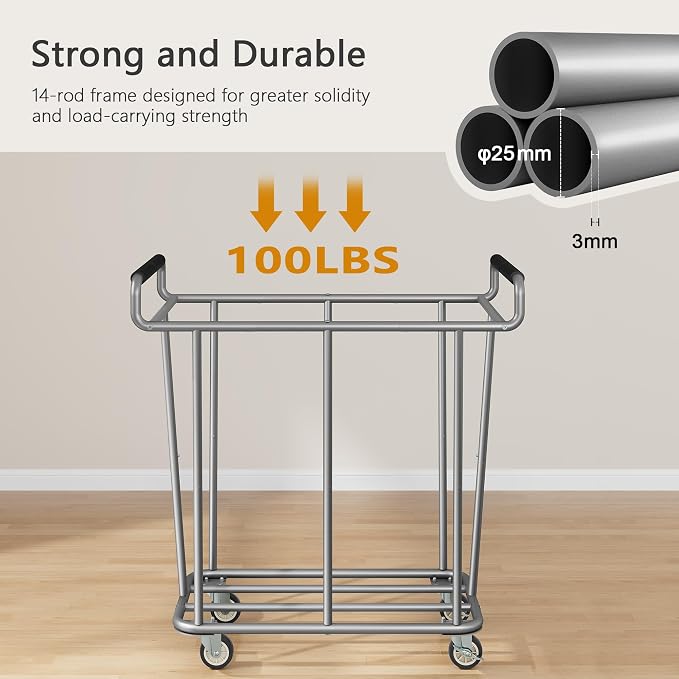 Gewudraw 360L Rolling Laundry Hamper with Wheels, 95 Gallons, Grey | Heavy Duty Extra Large Rolling Laundry Cart with Handle, Steel Frame, Waterproof Liner, Large Clothes Storage Basket - Image 4