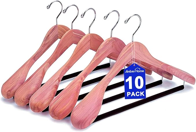 Amber Home 10 Pack Cedar Wood Suit Coat Hangers with Extra Wide Shoulder | Wooden Clothes Hangers with Non-Slip Velvet Pant Bar, Natural Cedar Hangers for Coats & Jackets by AmberHome