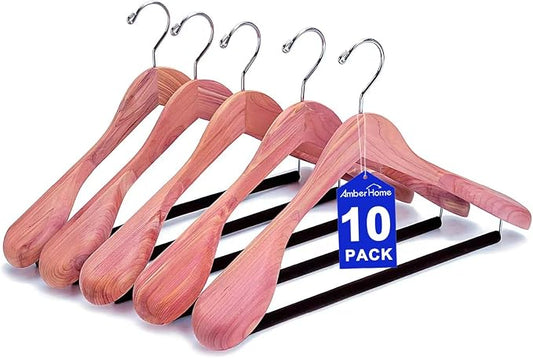 Amber Home 10 Pack Cedar Wood Suit Coat Hangers with Extra Wide Shoulder | Wooden Clothes Hangers with Non-Slip Velvet Pant Bar, Natural Cedar Hangers for Coats & Jackets by AmberHome