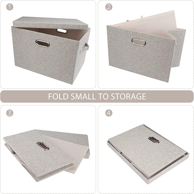 Storage Bins with Lids Fabric Closet Organizers Cubes Office Organization | 36 Quart 5 Pack Beige Collapsible Stackable Linen Fabric 4 Handles Bedroom Closet Cabinet Under Bed Clothes Toy Office File - Image 5