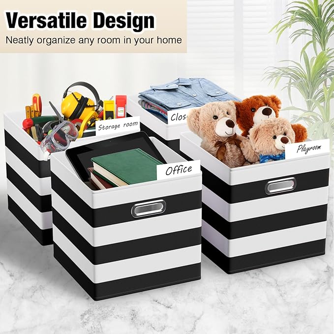 CroBlissful 11 Inch 6 Pack Fabric Storage Cubes with Metal Handles, Back to School Collapsible Organizer Bins for Classroom, Closet, Student Room, Toys and School Supplies (Black and White) - Image 4