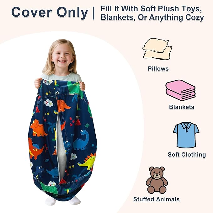 Lukeight Dinosaur Stuffed Animal Storage Bean Bag Chair Cover for Kids, Velvet Plush Toy Organizer Seat, Cover Only, No Filling Included, Long YKK Zipper, Side Pocket, X-Large 30"D x 18"H - Image 2