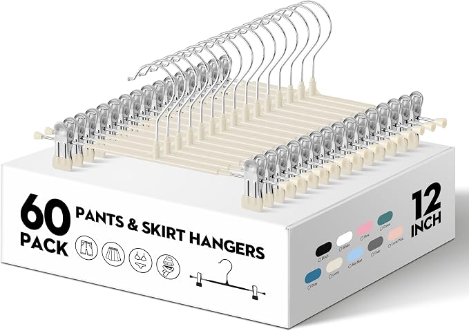 Pants Skirt Hangers with Clips, 60 Pack, Ivory, 12 Inch | Non-Slip,Adjustable metal wide clips,Space-Saving,Heavy duty, for pants/skirt/dress/trousers/jeans/shorts/leggings,Women - Image 2