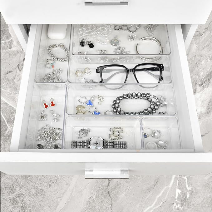 Manalete 15 Pcs Clear Plastic Drawer Organizer, Makeup & Vanity Organizer | 4-Size Versatile Desk Organizer & Storage Bins for Kitchen, Bathroom, Office, Jewelries, Easy Clean, Stackable, BPA-Free - Image 5