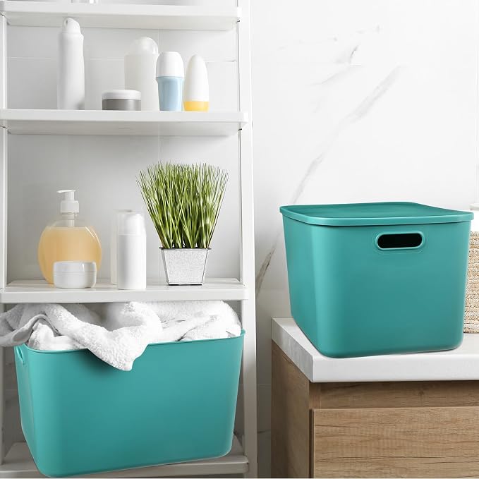 8 Pack Storage Bins, 16.1 X 12.0 X 9.7 Inch Green | Plastic Stackable Containers with Lid Handle, For Shelves Desktop Playroom Office, Organizing Toys Books Supplies Storage - Image 5