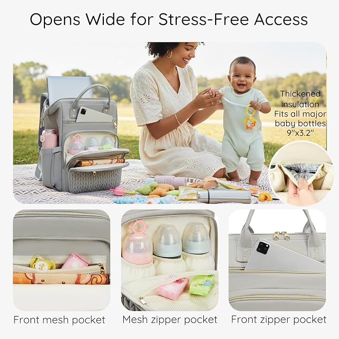 AIJIEKE Large Diaper Bag Backpack, Extra Wide Travel Diaper Bag, Gray | Multi-functional waterproof maternity bag. Changing pad, stroller straps, insulated wet/dry pocket. Mom, dad, toddler travel - Image 5