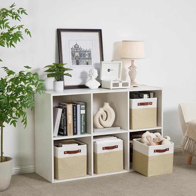 Collapsible Fabric Storage Cube Bins with 2 Reinforced PU Handles, Foldable Storage Organizer Baskets for Closet, Shelves, Living Room | 11"x11"x11", 4 Pack, Beige & White - Image 7