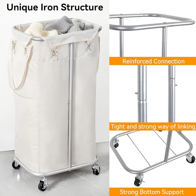 WOWLIVE 100L Rolling Laundry Basket with Wheels, Tall Laundry Hamper | Laundry Cart with Steel Frame and Removable Bag, Foldable Dirty Clothes Hamper for College Dorm, Laundry Storage, Light Beige - Image 6