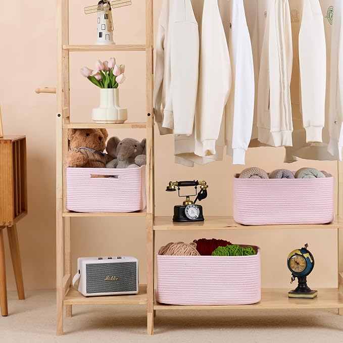 MiniArk Large Storage Baskets for Shelves, 17 x 13 x 7.5” Closet Organizers Bins for Clothes Blanket Towels, Baby Nursery, Toy Baskets Box, Woven Rope Baskets, 3 Packs Light Pink - Image 3