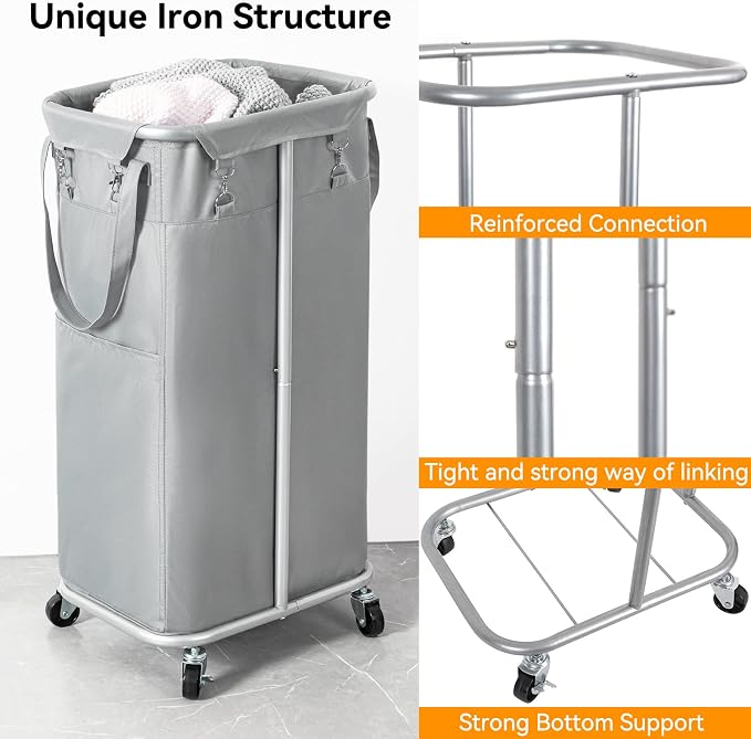WOWLIVE 100L Rolling Laundry Basket with Wheels, Tall Laundry Hamper | Laundry Cart with Steel Frame and Removable Bag, Foldable Dirty Clothes Hamper for College Dorm, Laundry Storage, Grey - Image 6