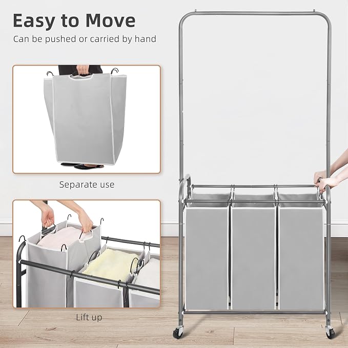 STORAGE MANIAC 136L Laundry Sorter with Hanging Bar, Portable, Removable Laundry Hamper Cart with Heavy Duty Rolling Lockable Wheels and Removable Bags, Rolling Laundry Basket Organizer, 3 Section - Image 7
