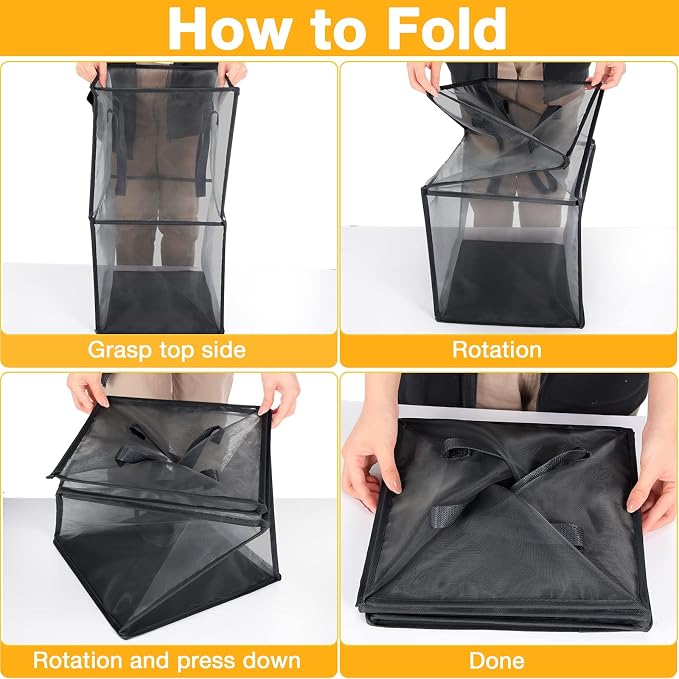 Zopeal 3 Pack Collapsible Mesh Laundry Basket, Black, Double-layer | 13 Inch Square with Handles, Portable Foldable Hamper, Mesh See-through, Space Saving for Dorm Bedroom Laundry Room - Image 6