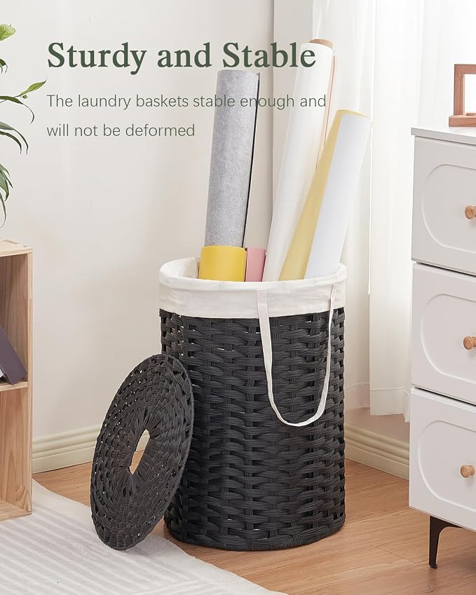 SETVSON Laundry Hamper with Lid, Round PE Rattan Basket, Black | 72L Compact Clothes Organizer with Lid, Removable Inner Bag with Handles, 2 Mesh Wash Bags, Space-Saving Storage Hamper - Image 6