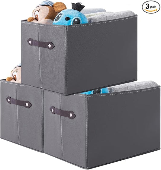3 Pack Large Collapsible Storage Baskets for Shelves,14.9"x9.5" Fabric Closet storage Boxes with Leather Handles,Decorative Organizers Storage Bins for Clothes,Sheets,Toys,Books,(Gray) by Yunkeeper